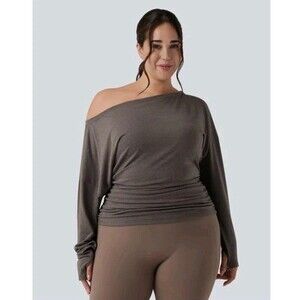 NEW Halara One Shoulder Long Sleeve Thumb Hole Ruched Yoga Top Women Sz XL Brown